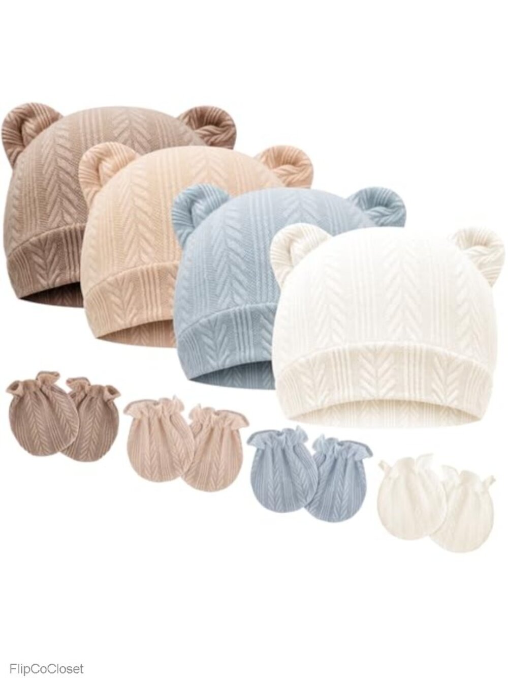 Newborn Bear Ear Hat & Mitten Set Polyester Spandex Preemie Hospital Beanie